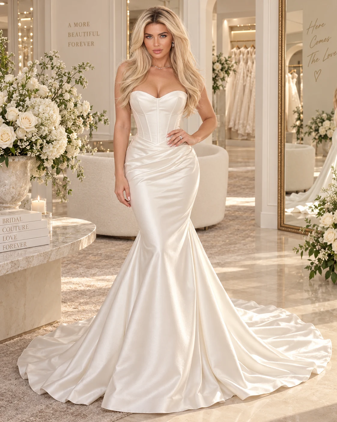 Caroline Brown in a sculptural satin bridal gown