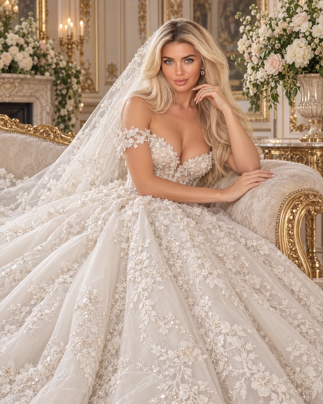 Caroline Brown seated in an embroidered bridal ballgown