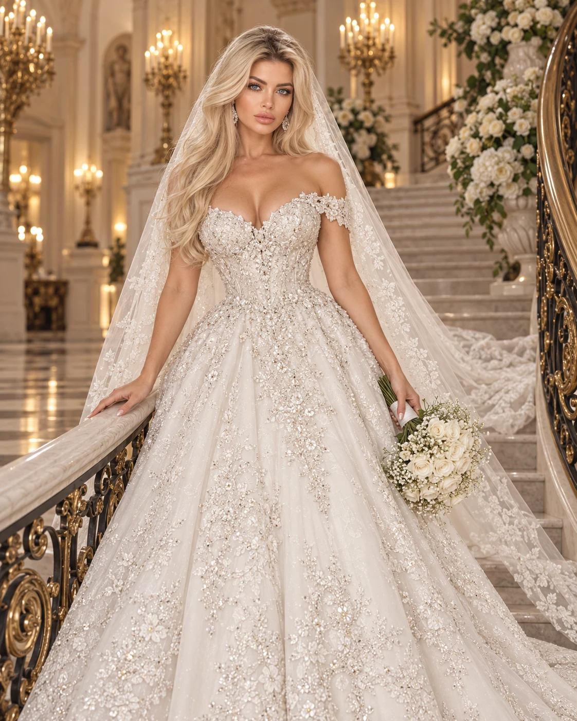 Caroline Brown in an embellished couture gown on a grand staircase