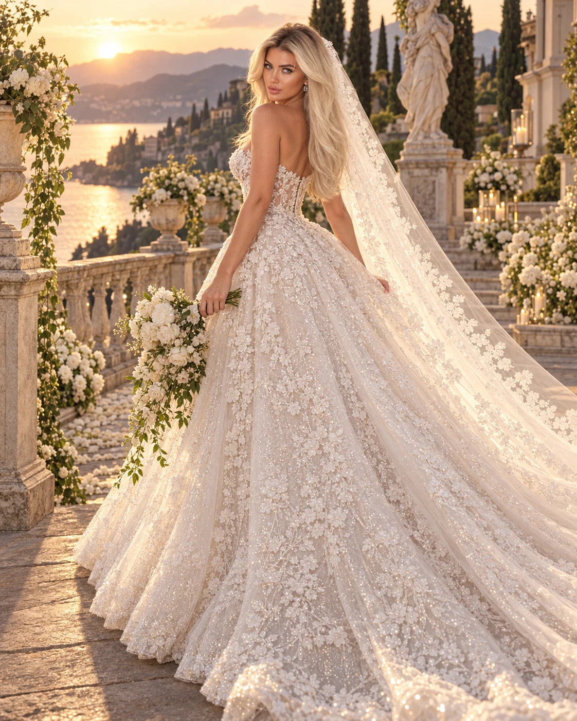 Caroline Brown in a lace bridal gown at sunset