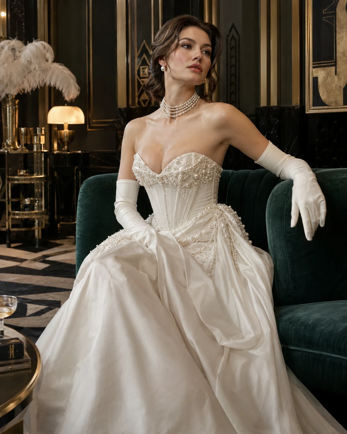 Pearl-embellished couture gown in an Art Deco interior